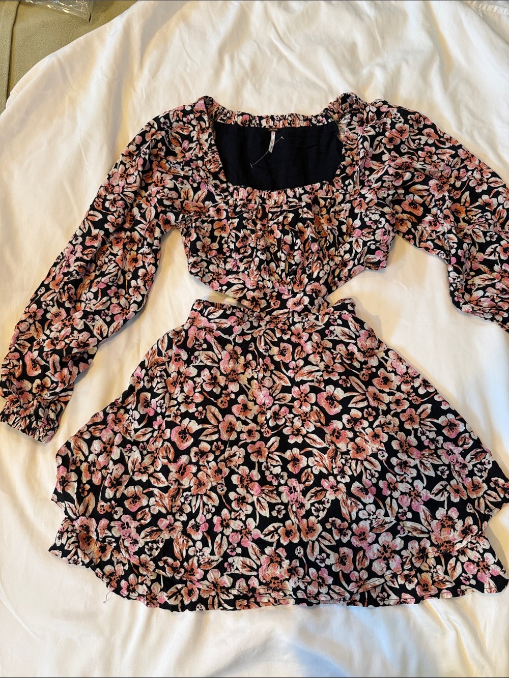 Free People Black Floral Two-Piece Crop Top & Skirt Set, NWOT